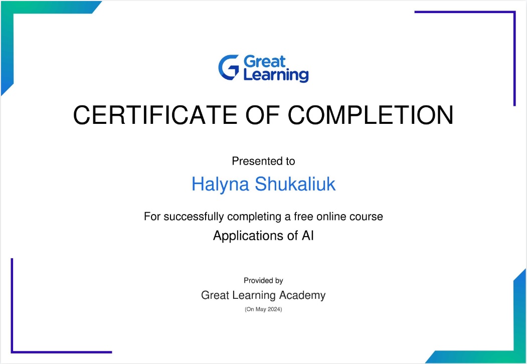Сертифікат Applications of AI - Great Learning 